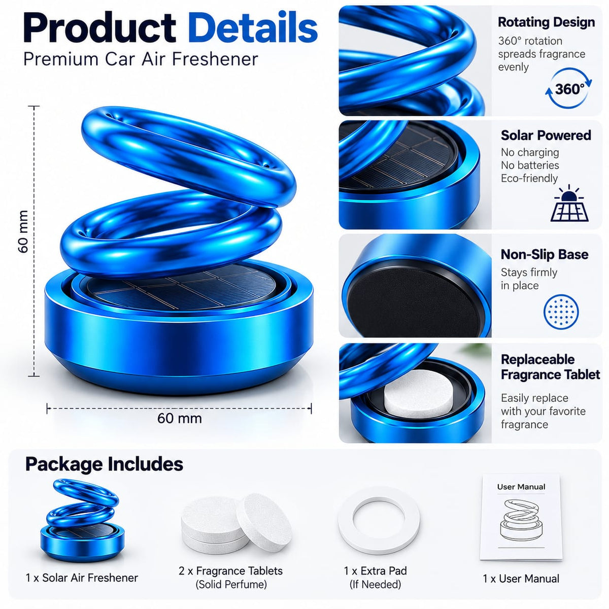 6319 Solar Power Car Aroma Diffuser 360double Ring Rotating Design Car Fragrance Diffuser Car Perfume Air Freshener For Dashboard Home Office