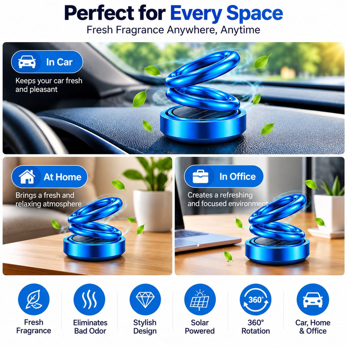 6319 Solar Power Car Aroma Diffuser 360double Ring Rotating Design Car Fragrance Diffuser Car Perfume Air Freshener For Dashboard Home Office