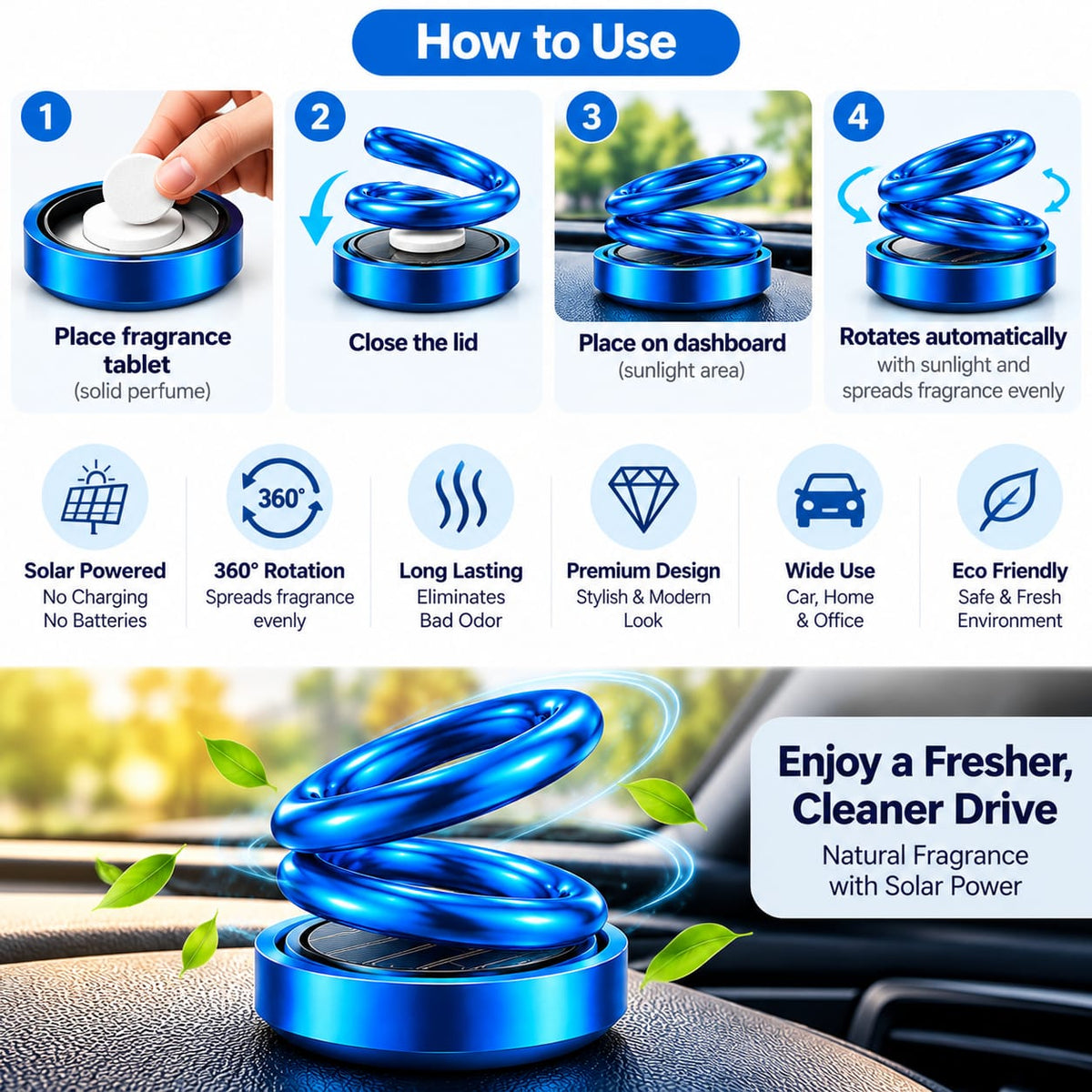 6319 Solar Power Car Aroma Diffuser 360double Ring Rotating Design Car Fragrance Diffuser Car Perfume Air Freshener For Dashboard Home Office